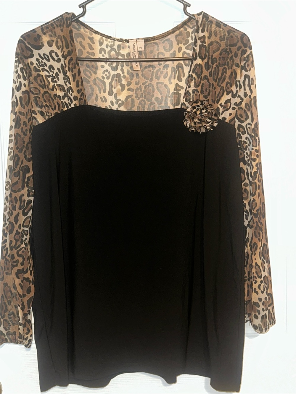 Susan Lawrence Black Top with Leopard-Print Sheer Sleeves